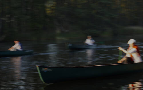 Mehrere Personen paddeln in Kanus auf einem ruhigen Gewässer, umgeben von Spiegelungen und Natur.