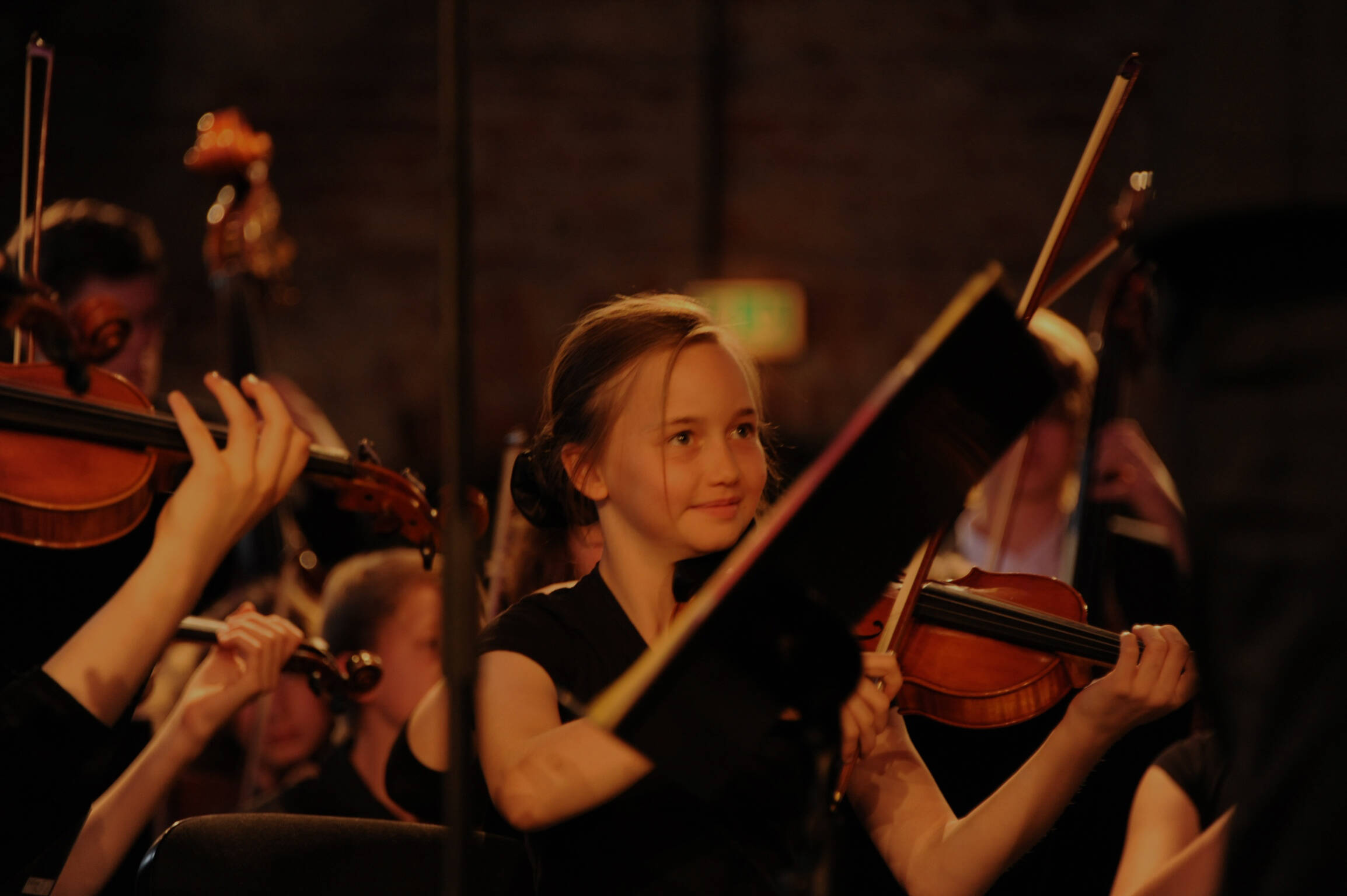 Mehrere Musiker spielen Violine in einem Orchester, sichtbar sind Arme, Violinen und Bögen in Bewegung.