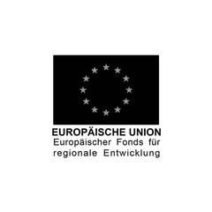 Das Logo der Europäischen Union mit Text 'Europäischer Fonds für regionale Entwicklung' in Schwarz-Weiß.