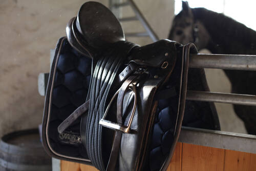 Ein schwarzer Sattel in der Reithalle des Gutshaus Stolpe – elegante Ausstattung für komfortables Reiten im Urlaub.
