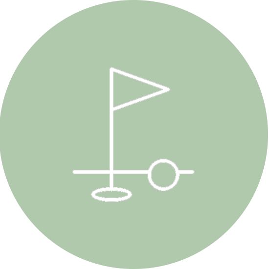 Ein grünes Symbol mit weißer Linie: Golfplatz-Piktogramm mit Fahne und Ball auf kreisrundem Hintergrund.
