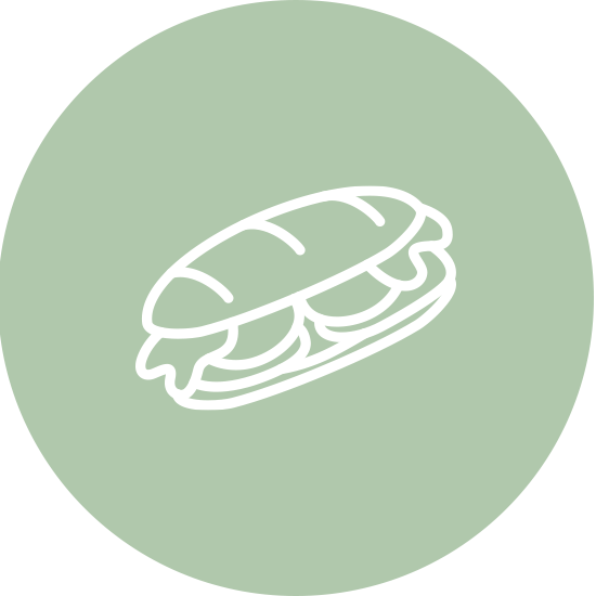 Ein weißes Sandwich-Symbol auf einem grünen Kreis, das für Snacks und kleine Mahlzeiten steht.