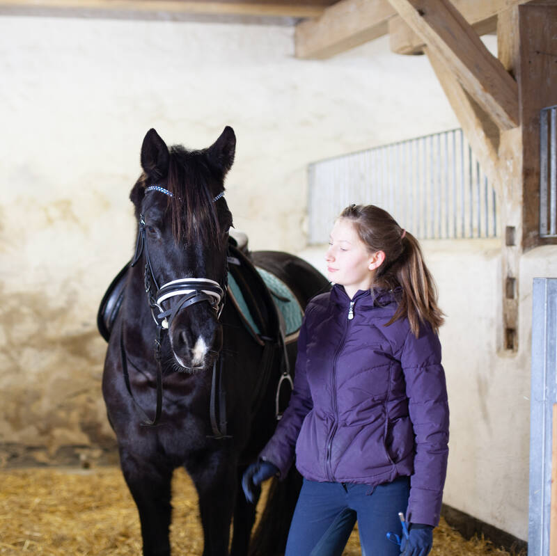 Ein Mädchen mit Pferd im Stall – natürliche Begegnung, Ruhe und Verbundenheit in einem romantischen Hotel Norddeutschland.