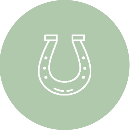 Ein weißes Hufeisen-Symbol auf einem hellgrünen Kreis, das für Glück und ländliche Tradition steht.
