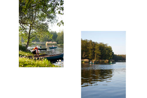 Zwei stimmungsvolle Naturaufnahmen mit Ruderbooten auf einem See, umgeben von grünen Bäumen – Idylle und Ruhe.