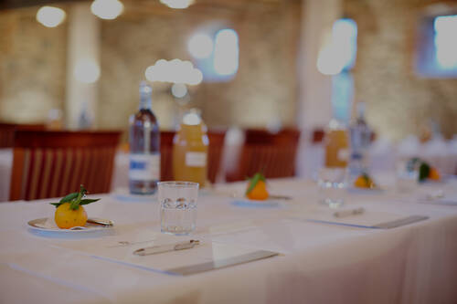 Ein Konferenztisch mit Wasserflaschen, Orangensaft, Notizblättern und kleinen Früchten in einem hellen Tagungsraum.