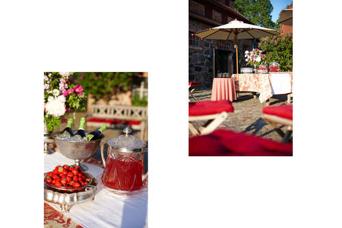 Ein einladendes Buffet im Garten mit frischen Früchten, Getränken und Blumenarrangements in einer idyllischen Hochzeitslocation in Mecklenburg-Vorpommern.