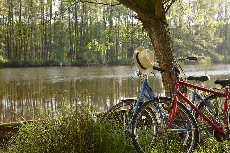 Zwei Fahrräder lehnen an einem Baum am Fluss – Auszeit und Entschleunigung im Romantikhotel Norddeutschland.