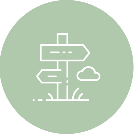 Ein grünes Icon mit stilisiertem Wegweiser und Wolke – Symbol für Ausflüge, Orientierung und Freizeitangebote.